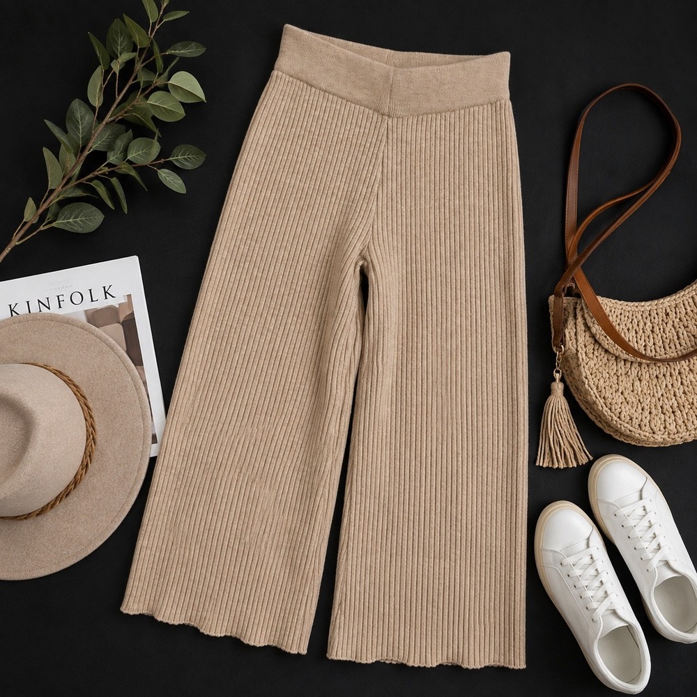SHEIN Ribbed Knit high rise Wide Leg Pants Size S Beige pull on Casual capsule